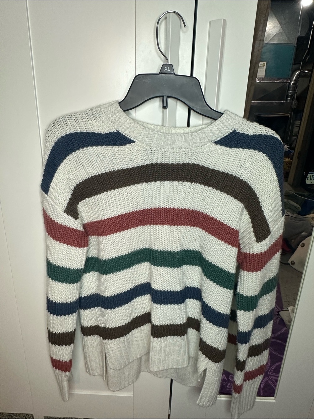 Cream Knit Sweater with Multi Colored Stripes